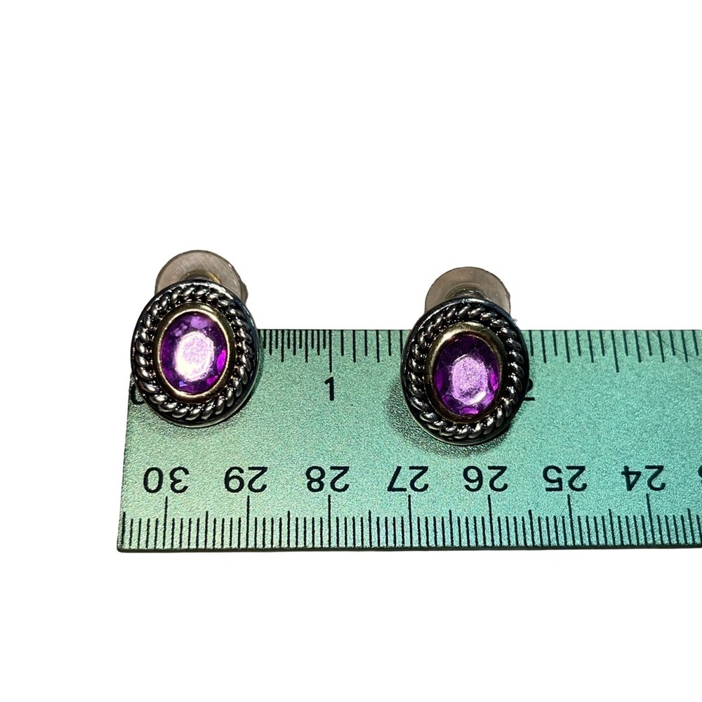 Art Deco style gold & silver tone  Purple faux amethyst pierced Earrings vintage